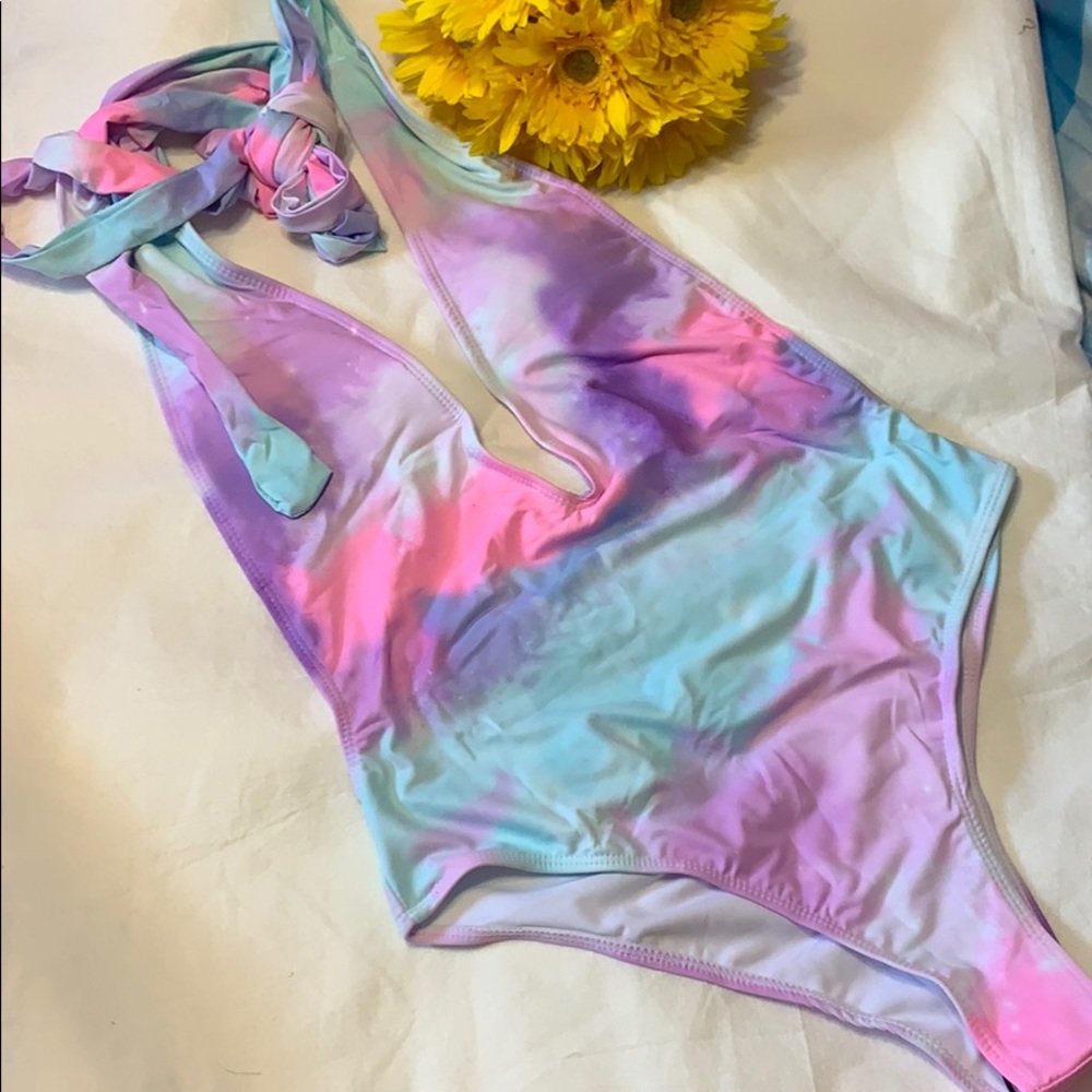 Blue Pink Purple Tie Dye Plunge V Criss Cross Back One Piece Swimsuit New - Picture 8 of 13